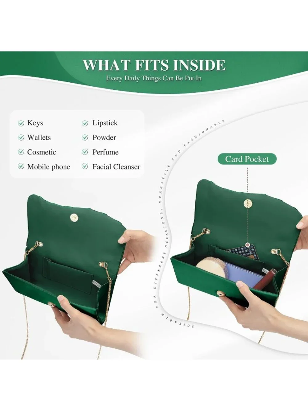 👜 Women's Green Formal Elegant Evening Bag Magnetic Satin Formal Clutch Purses